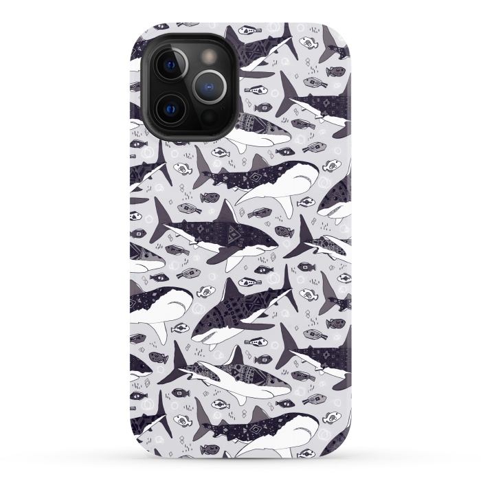iPhone 12 Pro StrongFit Black & White Tribal Sharks & Fish  by Tigatiga