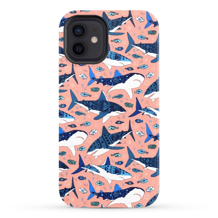 iPhone 12 StrongFit Tribal Sharks & Fish On Pink by Tigatiga