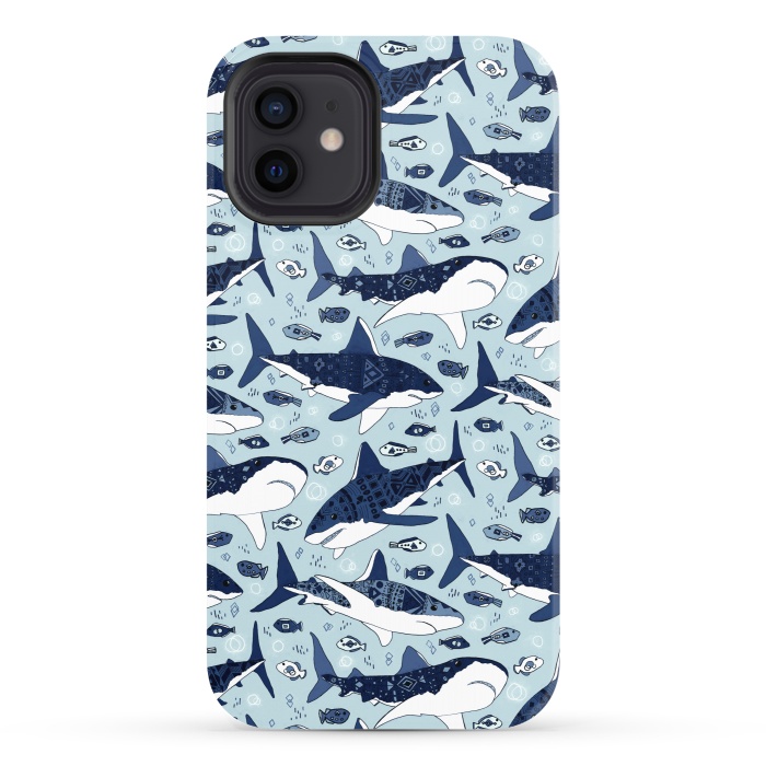 iPhone 12 StrongFit Tribal Sharks & Fish On Baby Blue  by Tigatiga