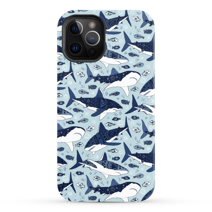 iPhone 12 Pro StrongFit Tribal Sharks & Fish On Baby Blue  by Tigatiga