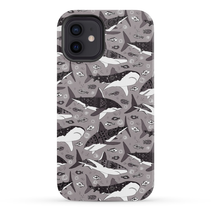 iPhone 12 mini StrongFit Tribal Sharks & Fish On Grey  by Tigatiga