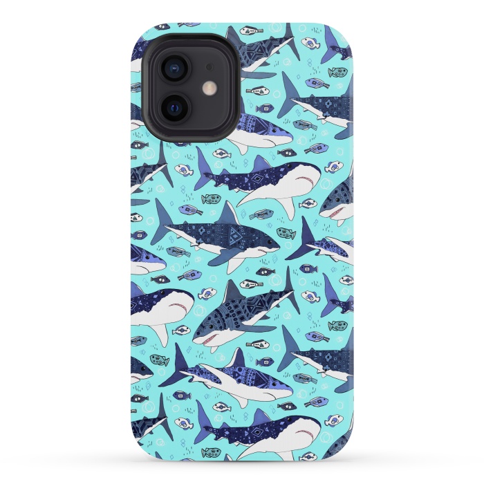 iPhone 12 mini StrongFit Tribal Sharks & Fish On Aqua by Tigatiga