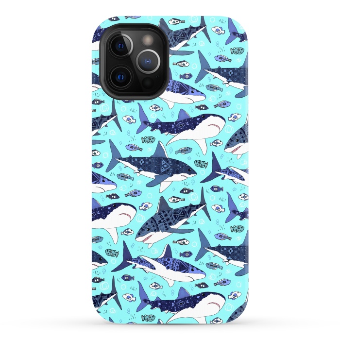 iPhone 12 Pro StrongFit Tribal Sharks & Fish On Aqua by Tigatiga