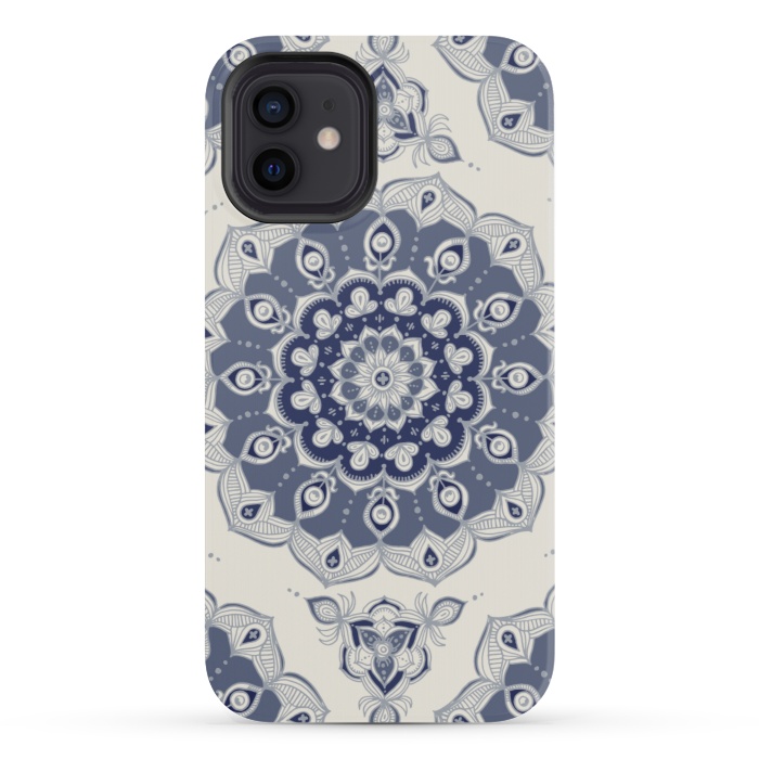 iPhone 12 mini StrongFit Grey Blue Monochrome Floral Mandala by Micklyn Le Feuvre