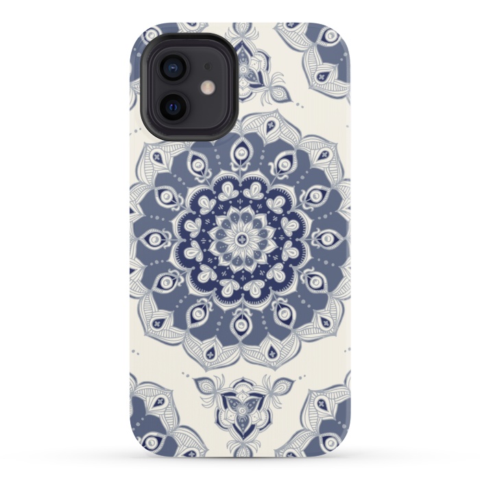 iPhone 12 StrongFit Grey Blue Monochrome Floral Mandala by Micklyn Le Feuvre