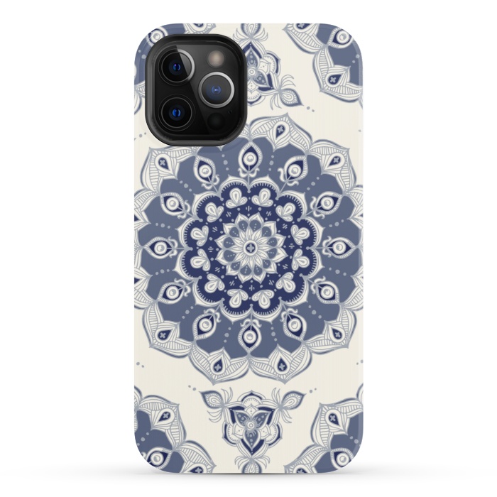 iPhone 12 Pro StrongFit Grey Blue Monochrome Floral Mandala by Micklyn Le Feuvre