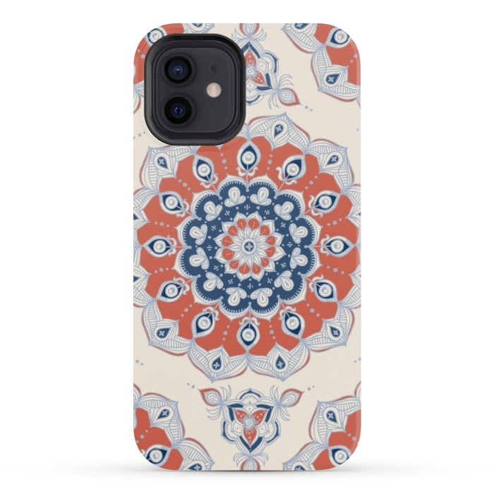 iPhone 12 mini StrongFit Red, Blue and Cream Floral Mandala by Micklyn Le Feuvre