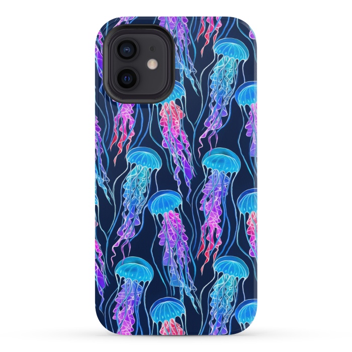 iPhone 12 mini StrongFit Luminescent Rainbow Jellyfish on Navy Blue by Micklyn Le Feuvre