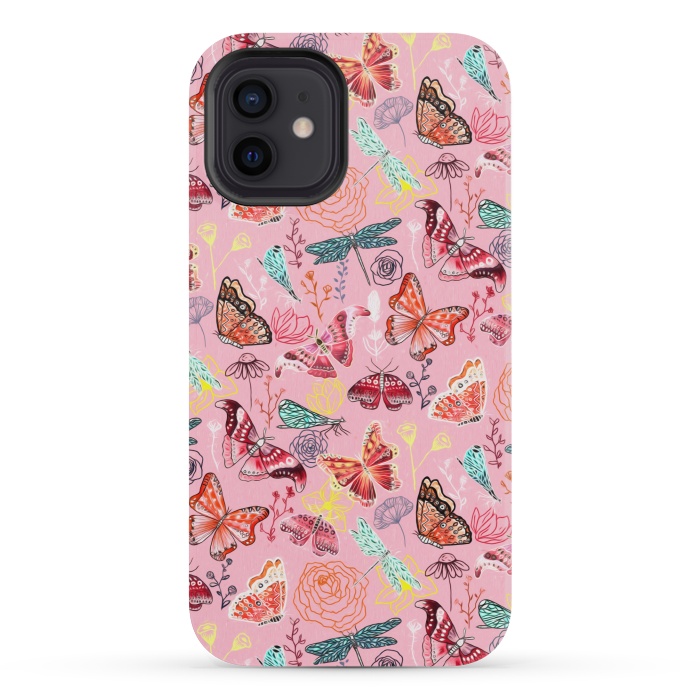 iPhone 12 mini StrongFit Butterflies, Dragonflies and Moths on Pink  by Tigatiga
