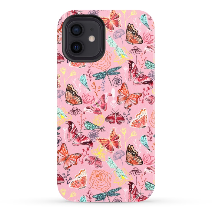 iPhone 12 StrongFit Butterflies, Dragonflies and Moths on Pink  by Tigatiga