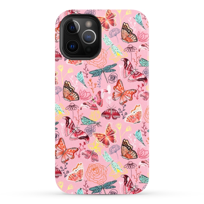 iPhone 12 Pro StrongFit Butterflies, Dragonflies and Moths on Pink  by Tigatiga