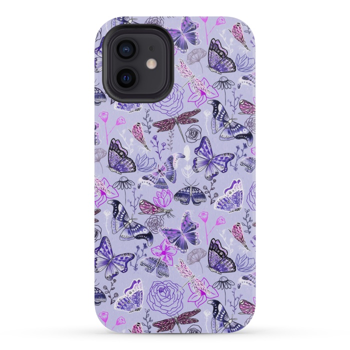 iPhone 12 mini StrongFit Butterflies, Dragonflies and Moths on Purple by Tigatiga