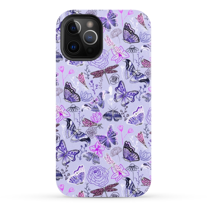 iPhone 12 Pro StrongFit Butterflies, Dragonflies and Moths on Purple by Tigatiga