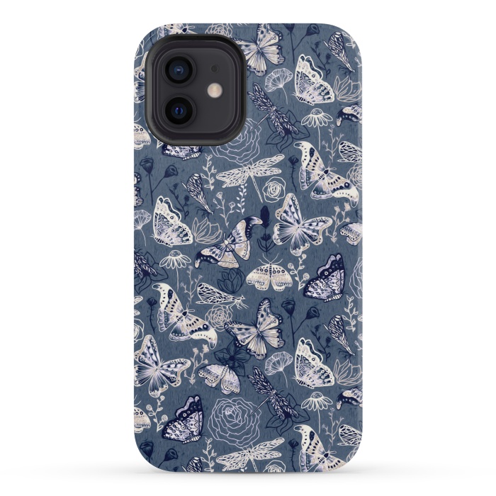 iPhone 12 mini StrongFit Butterflies, Dragonflies and Moths on Navy  by Tigatiga