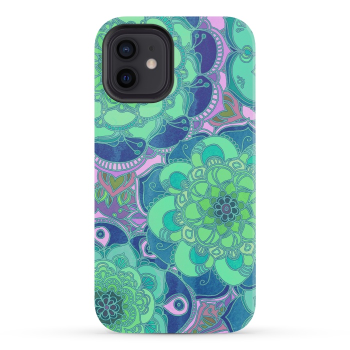 iPhone 12 mini StrongFit Fantasy Flowers in Mint Green & Purple by Micklyn Le Feuvre