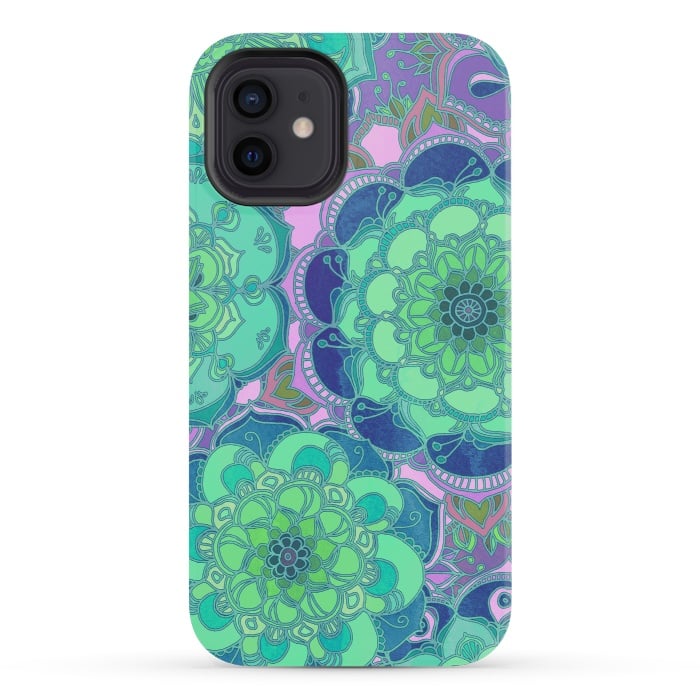iPhone 12 mini StrongFit Fantasy Flowers in Mint Green & Purple 2 by Micklyn Le Feuvre