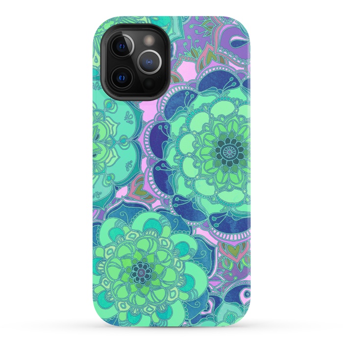 iPhone 12 Pro StrongFit Fantasy Flowers in Mint Green & Purple 2 by Micklyn Le Feuvre