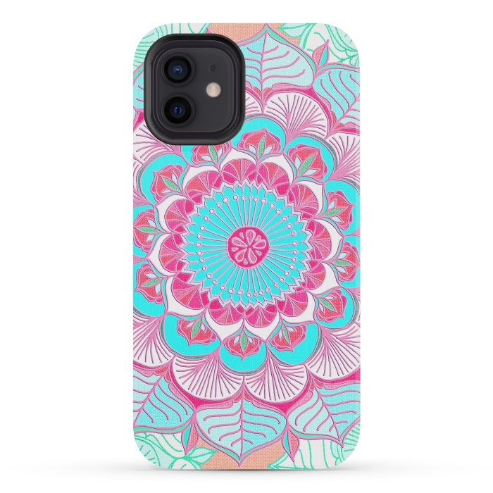 iPhone 12 mini StrongFit Tropical Doodle Flower in Pink & Aqua by Micklyn Le Feuvre