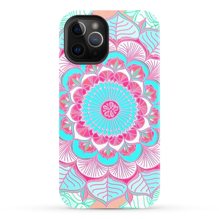 iPhone 12 Pro StrongFit Tropical Doodle Flower in Pink & Aqua by Micklyn Le Feuvre