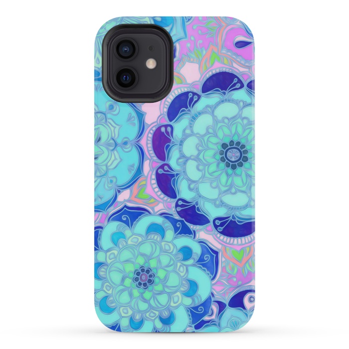 iPhone 12 mini StrongFit Radiant Cyan & Purple Stained Glass Floral Mandalas by Micklyn Le Feuvre
