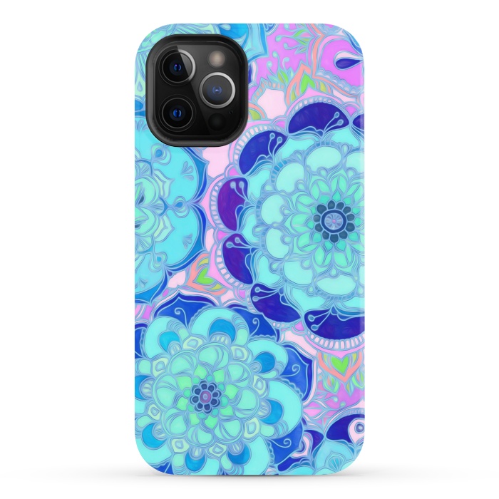 iPhone 12 Pro StrongFit Radiant Cyan & Purple Stained Glass Floral Mandalas by Micklyn Le Feuvre