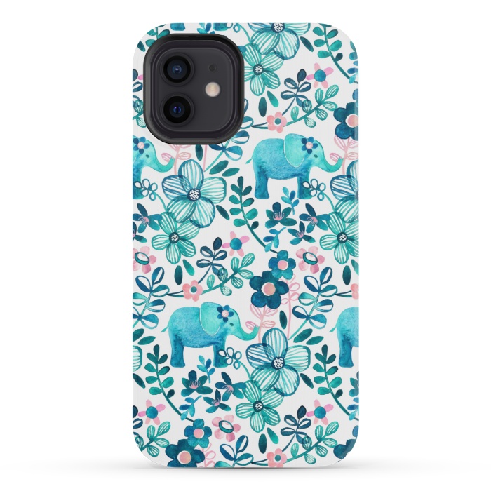 iPhone 12 mini StrongFit Little Teal Elephant Watercolor Floral on White by Micklyn Le Feuvre