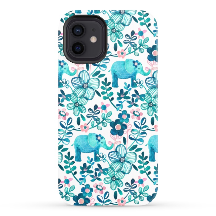 iPhone 12 StrongFit Little Teal Elephant Watercolor Floral on White by Micklyn Le Feuvre