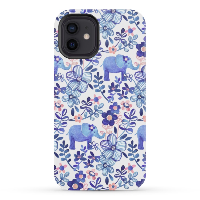 iPhone 12 mini StrongFit Little Purple Elephant Watercolor Floral on White by Micklyn Le Feuvre