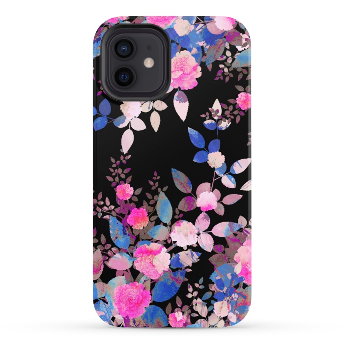 iPhone 12 StrongFit Blue magenta japanese roses on black by Oana 