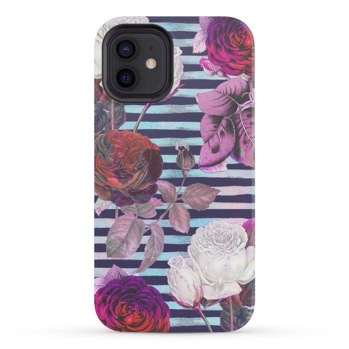 iPhone 12 mini StrongFit Roses on blue watercolor stripes botanical illustration by Oana 