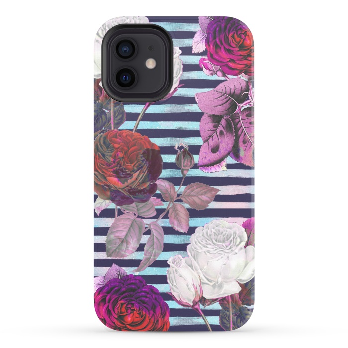 iPhone 12 StrongFit Roses on blue watercolor stripes botanical illustration by Oana 