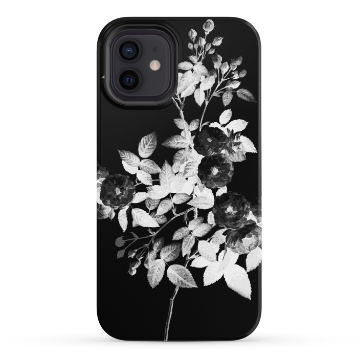 iPhone 12 StrongFit Black and white rose botanical illustration by Oana 