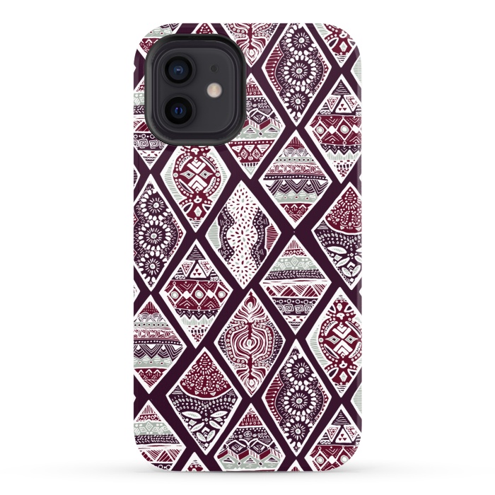 iPhone 12 StrongFit Tribal Diamonds On Red, White & Sage  by Tigatiga