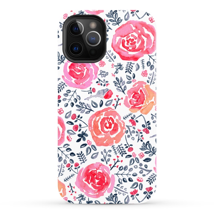 iPhone 12 Pro StrongFit Red, Magenta & Navy Watercolor Roses  by Tigatiga