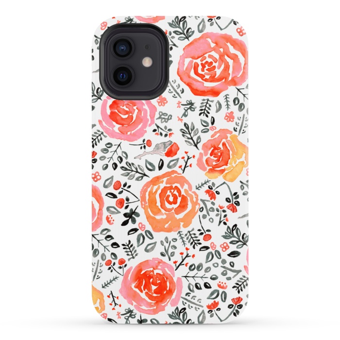iPhone 12 StrongFit Orange, Red & Grey Watercolor Roses  by Tigatiga