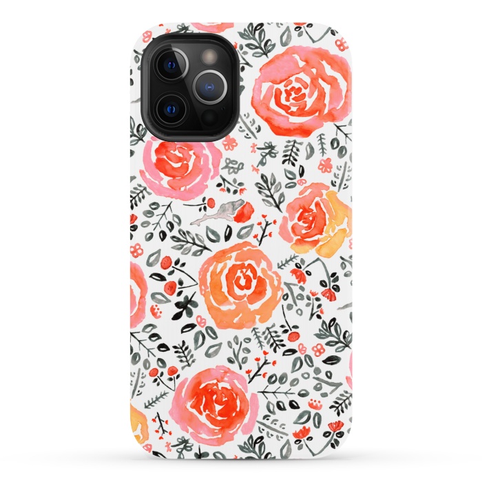 iPhone 12 Pro StrongFit Orange, Red & Grey Watercolor Roses  by Tigatiga