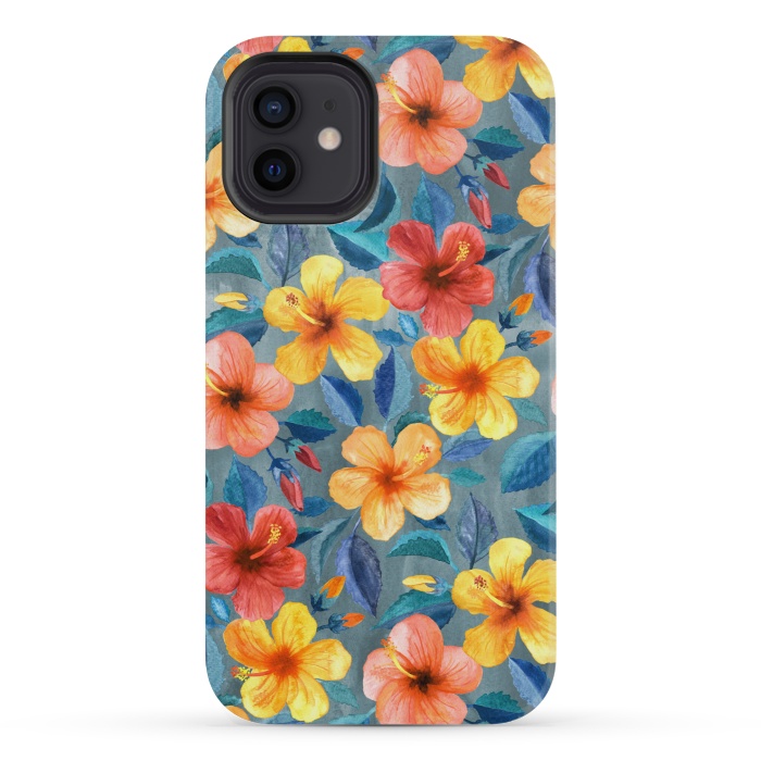 iPhone 12 mini StrongFit Bright Little Summer Hibiscus Blooms in Watercolor by Micklyn Le Feuvre