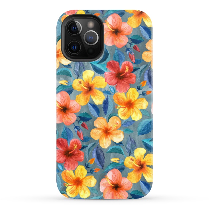 iPhone 12 Pro StrongFit Bright Little Summer Hibiscus Blooms in Watercolor by Micklyn Le Feuvre
