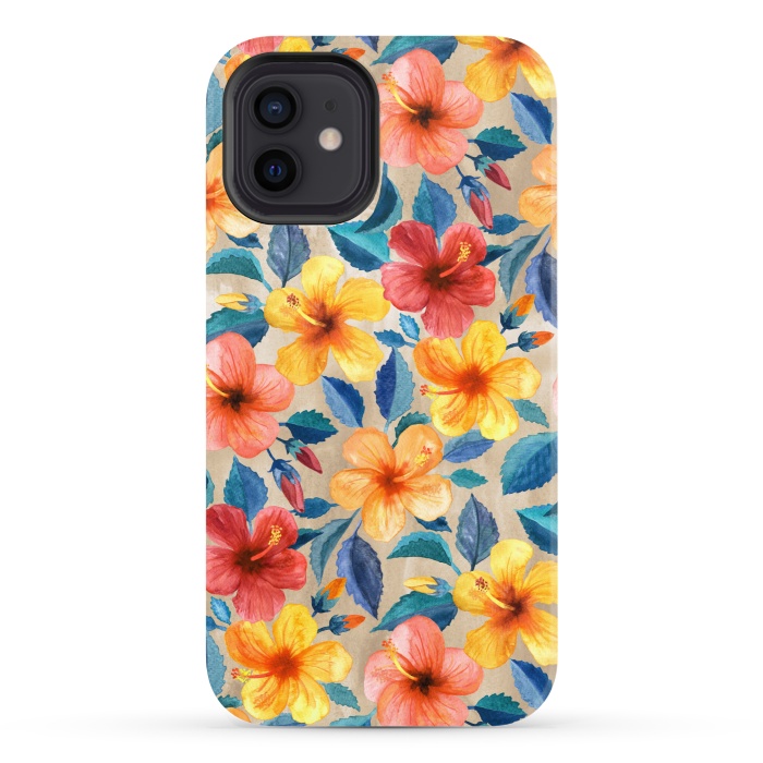 iPhone 12 StrongFit Little Tropical Hibiscus Blooms in Watercolor by Micklyn Le Feuvre
