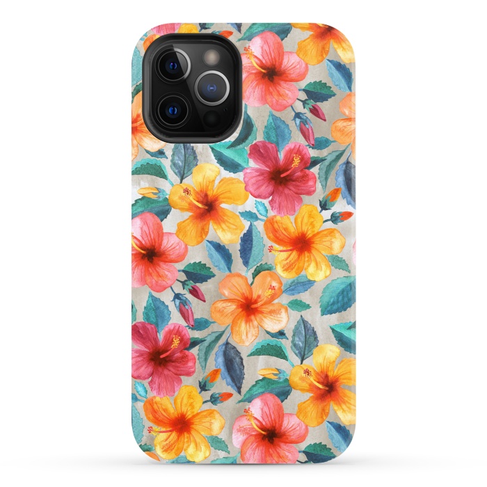iPhone 12 Pro StrongFit Little Tropical Hawaiian Hibiscus Blooms in Watercolor by Micklyn Le Feuvre