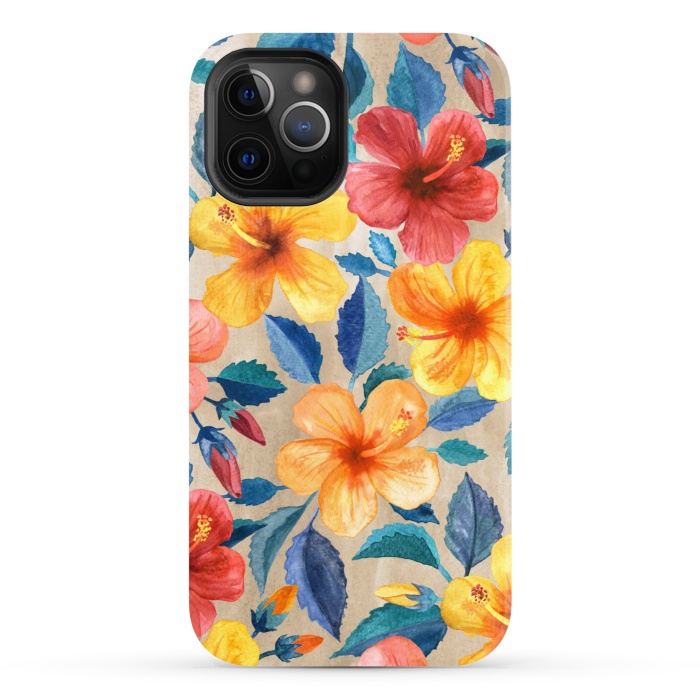 iPhone 12 Pro StrongFit Tropical Hibiscus Blooms in Watercolor by Micklyn Le Feuvre