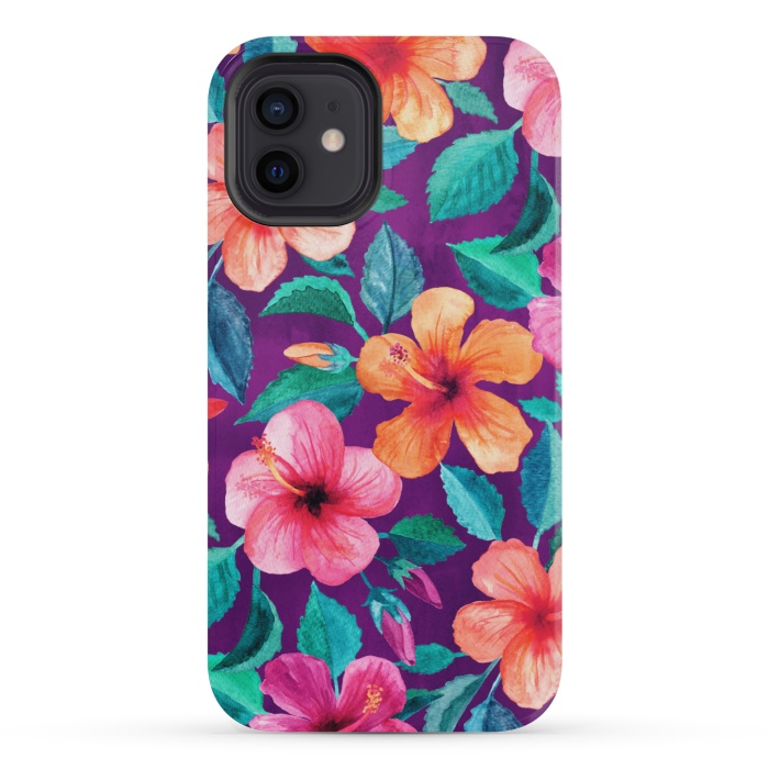 iPhone 12 mini StrongFit Bright Hibiscus Blooms in Watercolor on Purple by Micklyn Le Feuvre