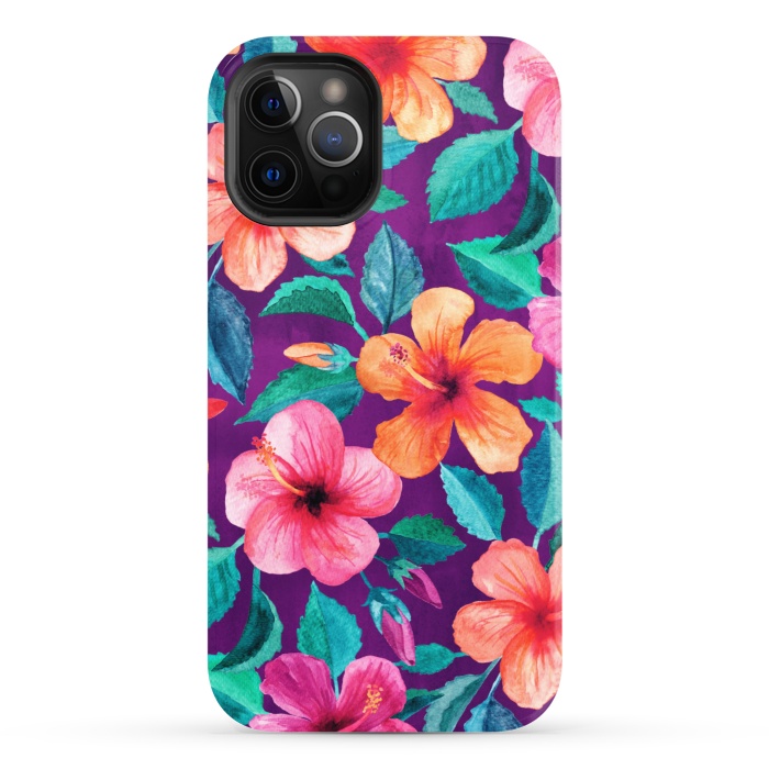 iPhone 12 Pro StrongFit Bright Hibiscus Blooms in Watercolor on Purple by Micklyn Le Feuvre