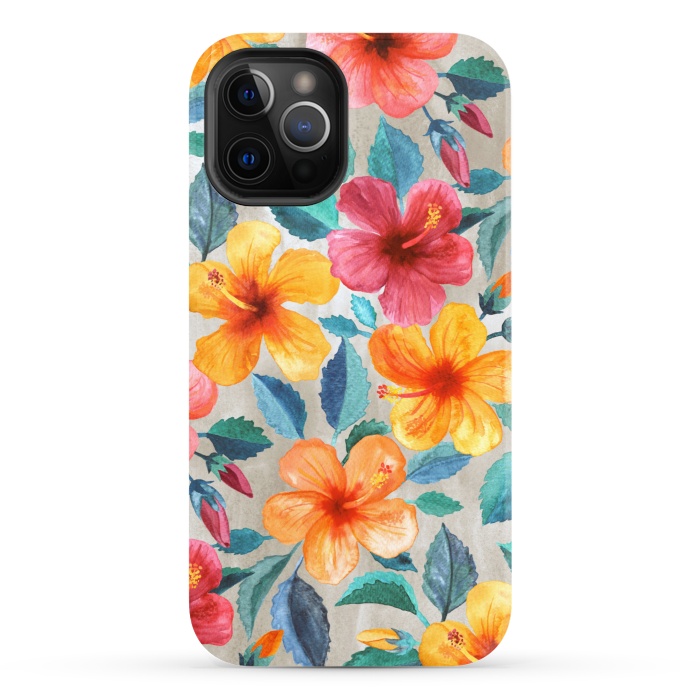 iPhone 12 Pro StrongFit Tropical Hawaiian Hibiscus Blooms in Watercolor by Micklyn Le Feuvre