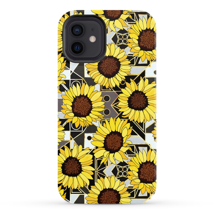 iPhone 12 StrongFit Sunflowers & Geometric Gold, Black & White Background  by Tigatiga
