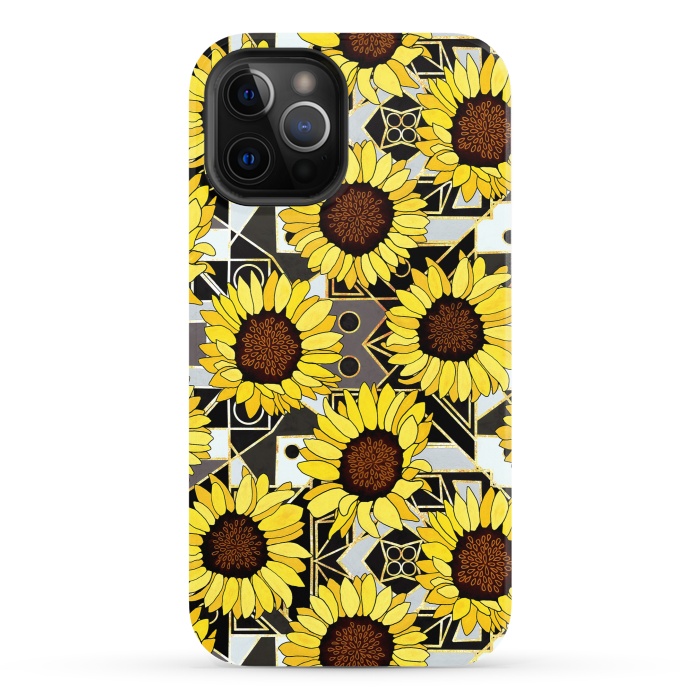 iPhone 12 Pro StrongFit Sunflowers & Geometric Gold, Black & White Background  by Tigatiga