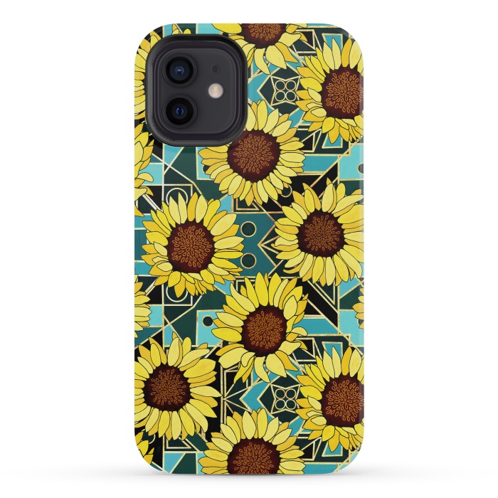 iPhone 12 mini StrongFit Sunflowers & Geometric Gold & Teal  by Tigatiga