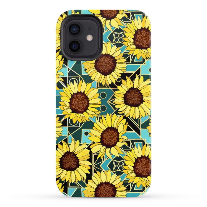 iPhone 12 StrongFit Sunflowers & Geometric Gold & Teal  by Tigatiga
