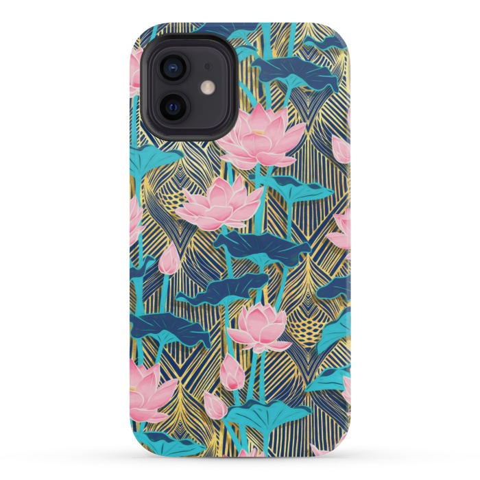 iPhone 12 mini StrongFit Art Deco Lotus Flowers in Pink & Navy by Micklyn Le Feuvre