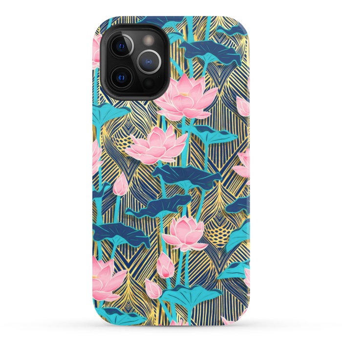 iPhone 12 Pro StrongFit Art Deco Lotus Flowers in Pink & Navy by Micklyn Le Feuvre